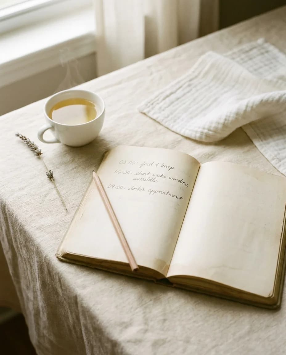 Pencere ışığında açık defter, kalem, ıhlamur fincanı ve katlanmış muslin örtü